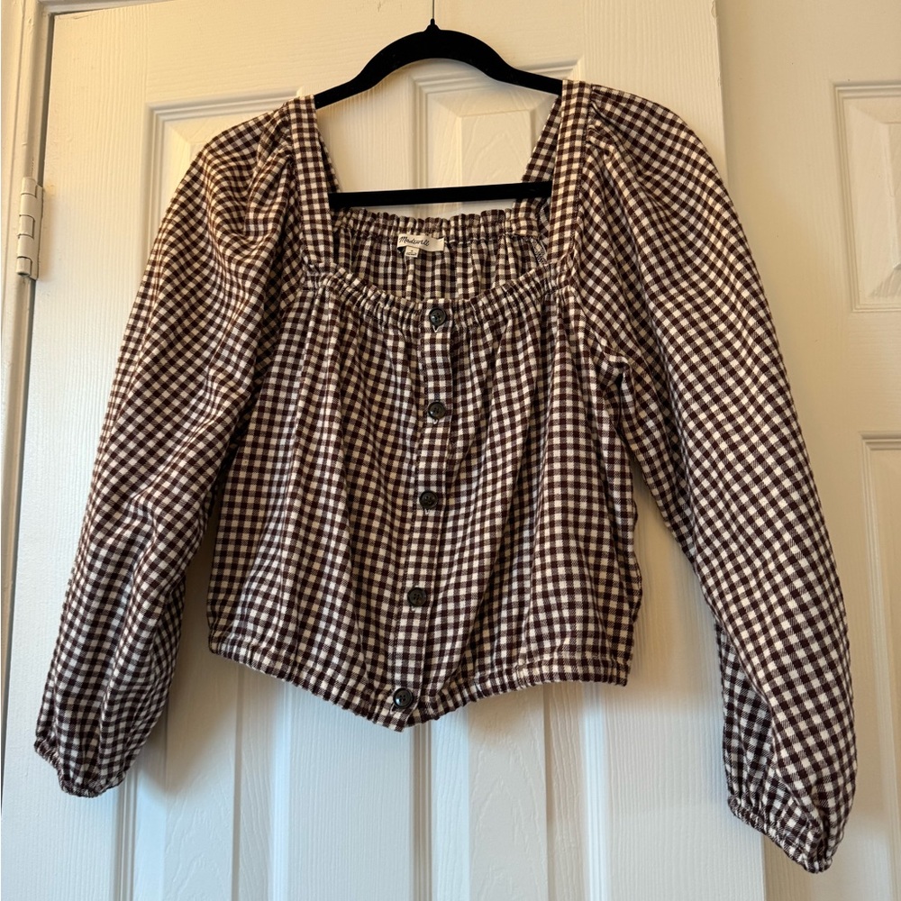 Madewell Brown and White Puff Sleeve Smocked Blouse